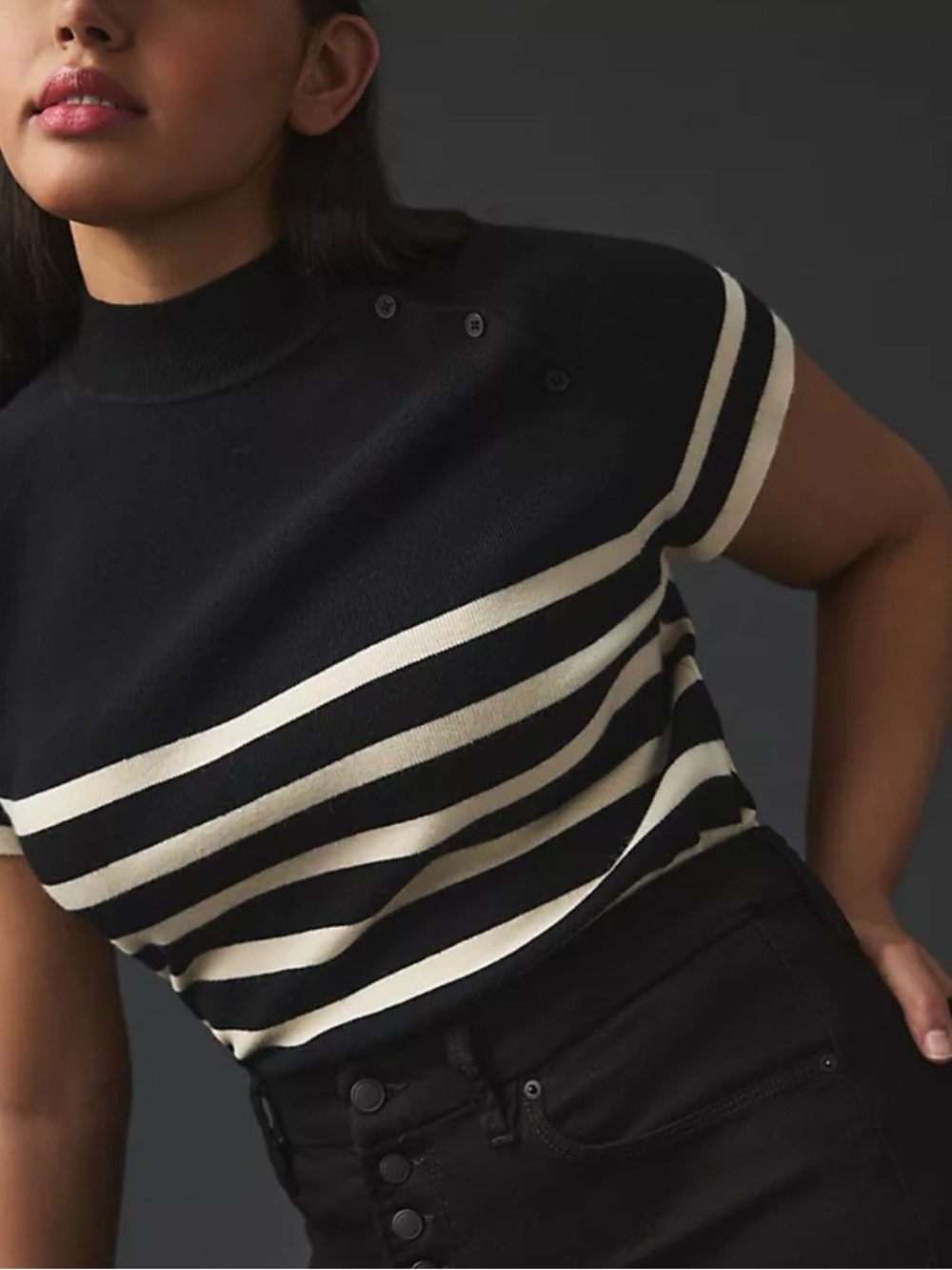 Maeve Black & Cream Striped Short-Sleeve Mock Neck Sweater with Shoulder Buttons